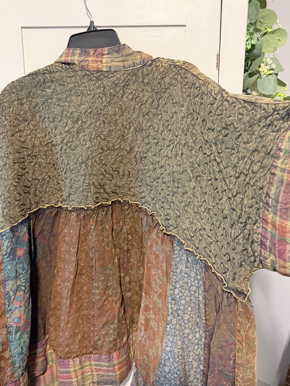 Boho Patchwork Draped Cape Jacket in Olive Multi - Picture 3 of 14